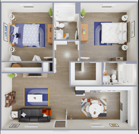 Floor plan for 2 beds, 2 baths, 888 sqft